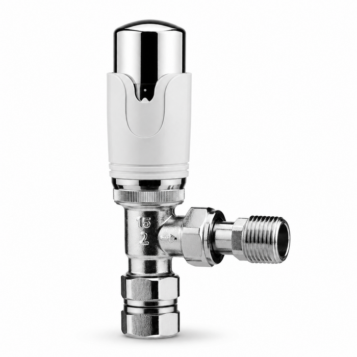 Kartell Designer Thermostatic Radiator Valve White & Chrome TRV Angled 15mm