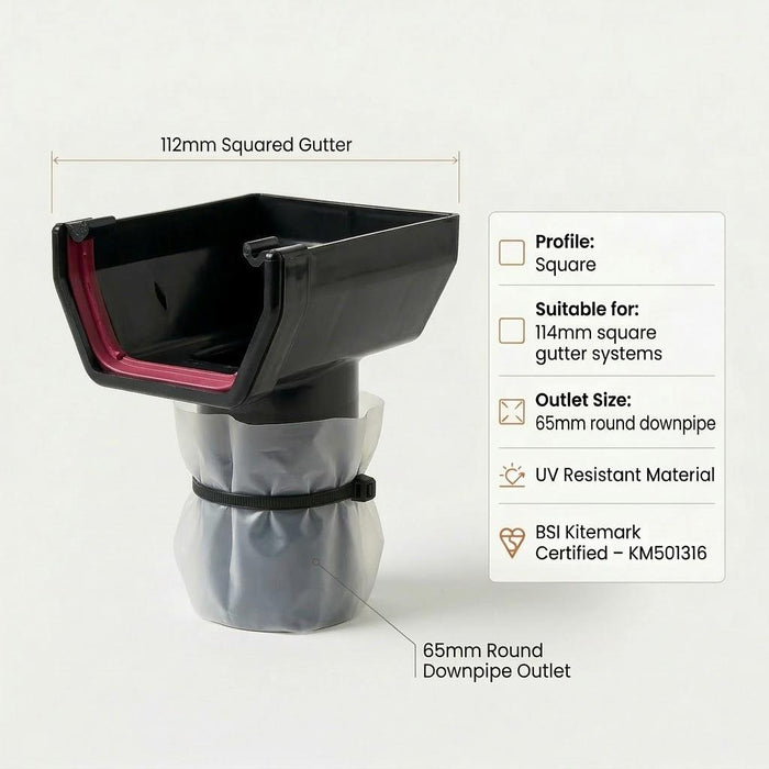 Black 10m Squared Gutter Stop End Outlet Kit 114mm