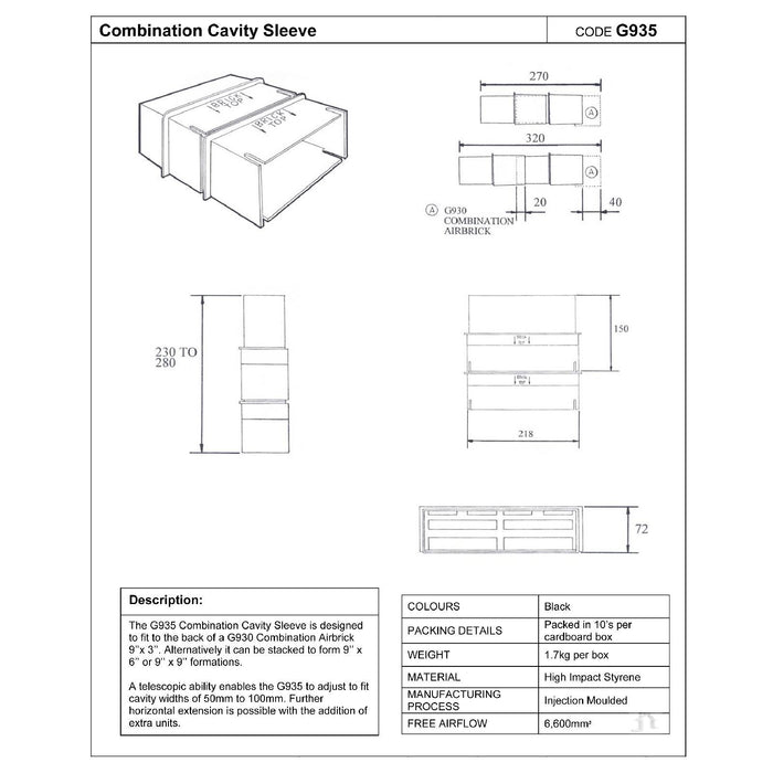 2 x Cavity Wall Combination Extension Sleeves for 9" x 3" Air Brick Vents G935