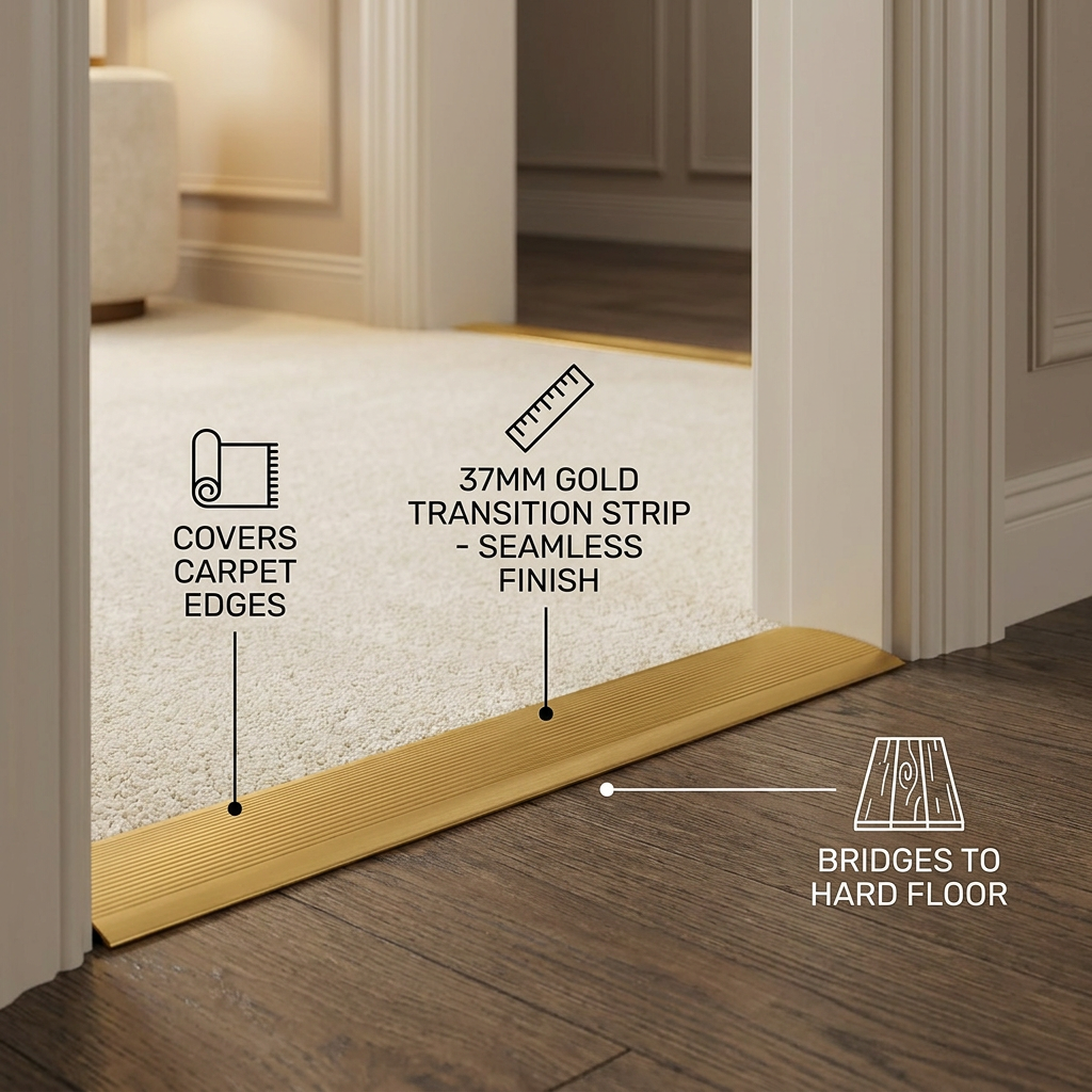 Carpet Cover Transition Strip, 37mm Wide Gold Floor Threshold Seam Protector, Metal Doorway Bridge for Room Transitions and Edge Coverage