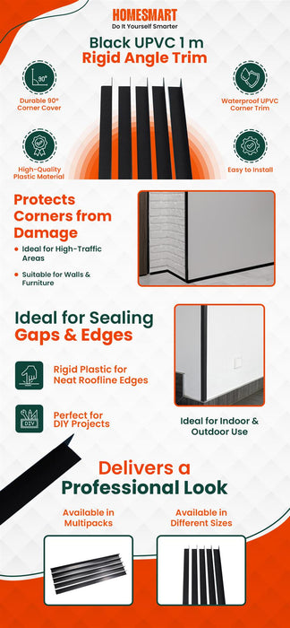 5x Black PVC Angle Trim 40mm x 40mm x 1m – Edge & Corner Protector