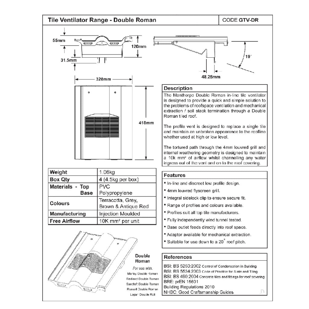 Grey Double Roman Roof Tile Vent & Adapter for Marley Redland Sandtoft
