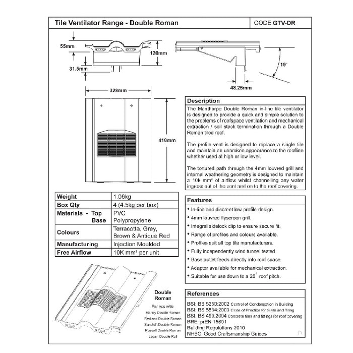 Terracotta Double Roman Roof Tile Vent & Adapter for Marley Redland Sandtoft
