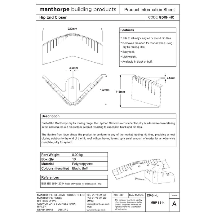 Universal Hip End Tile Closer. Dry Roof Fixing Alternative to Mortaring.